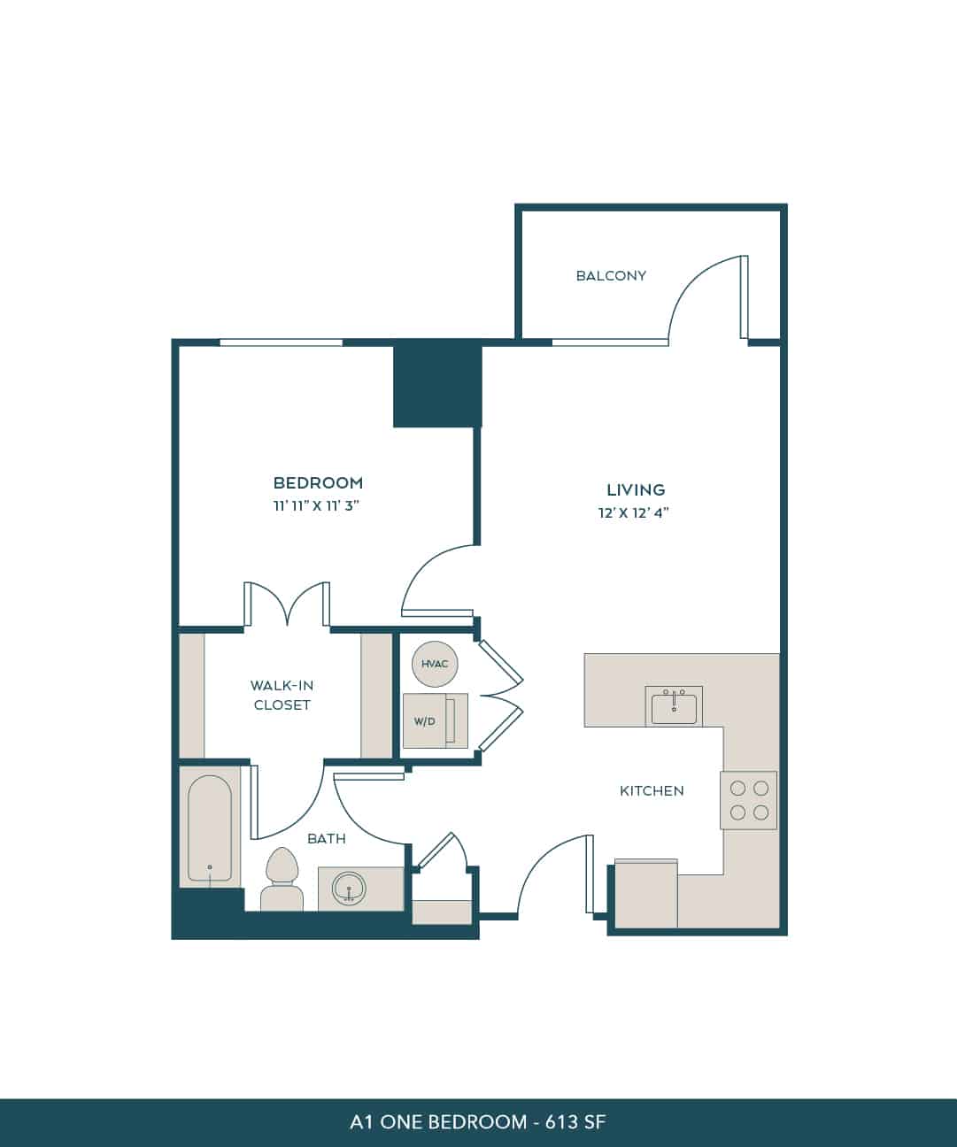 A 3D image of the A1 floorplan, a 613 squarefoot, 1 bed / 1 bath unit