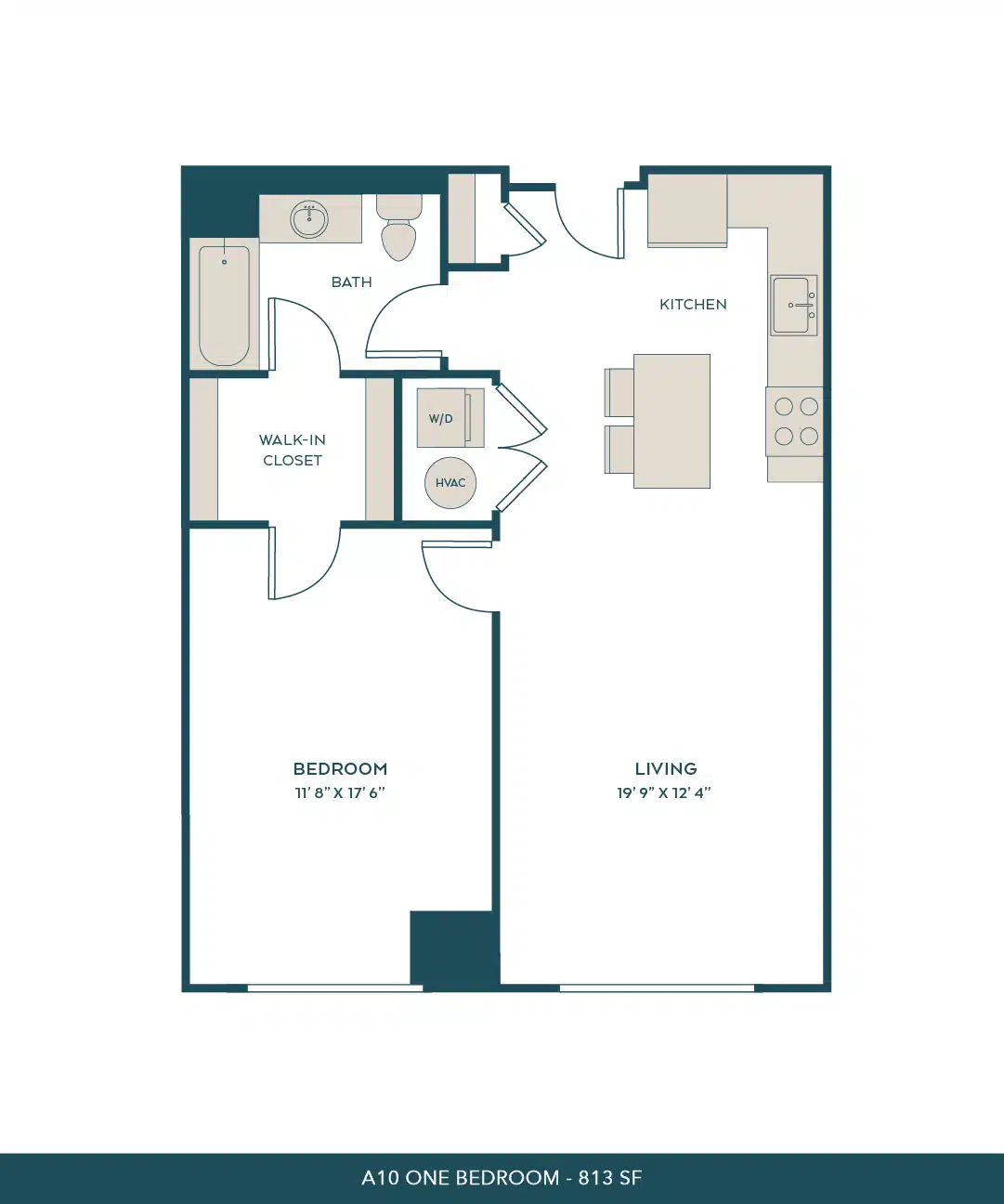 A 3D image of the A10 floorplan, a 813 squarefoot, 1 bed / 1 bath unit