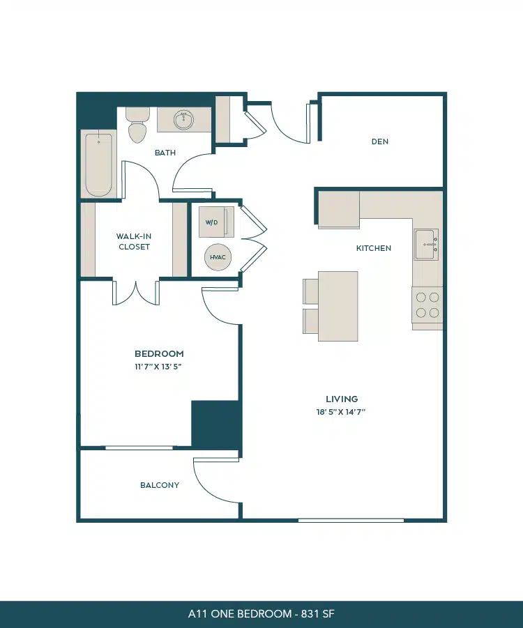 A 3D image of the A11 floorplan, a 831 squarefoot, 1 bed / 1 bath unit