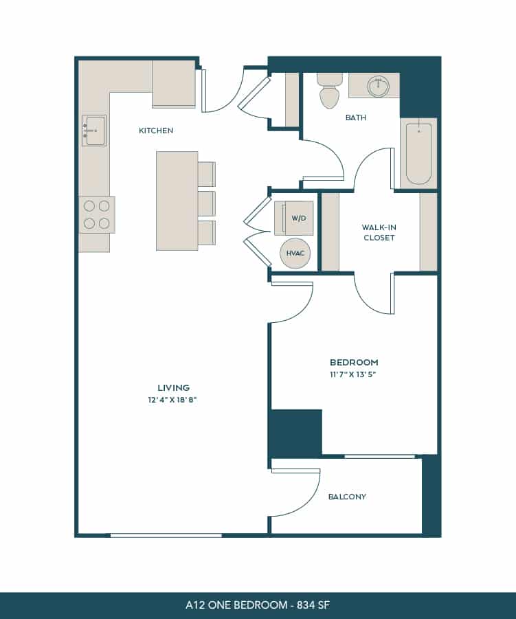 A 3D image of the A12 floorplan, a 834 squarefoot, 1 bed / 1 bath unit