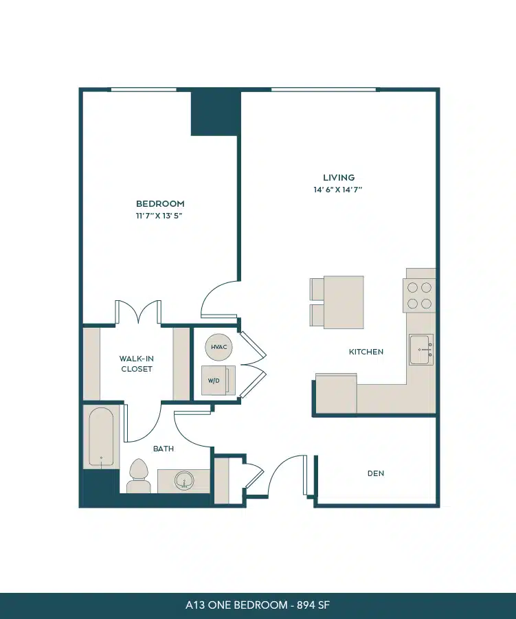 A 3D image of the A13 floorplan, a 894 squarefoot, 1 bed / 1 bath unit