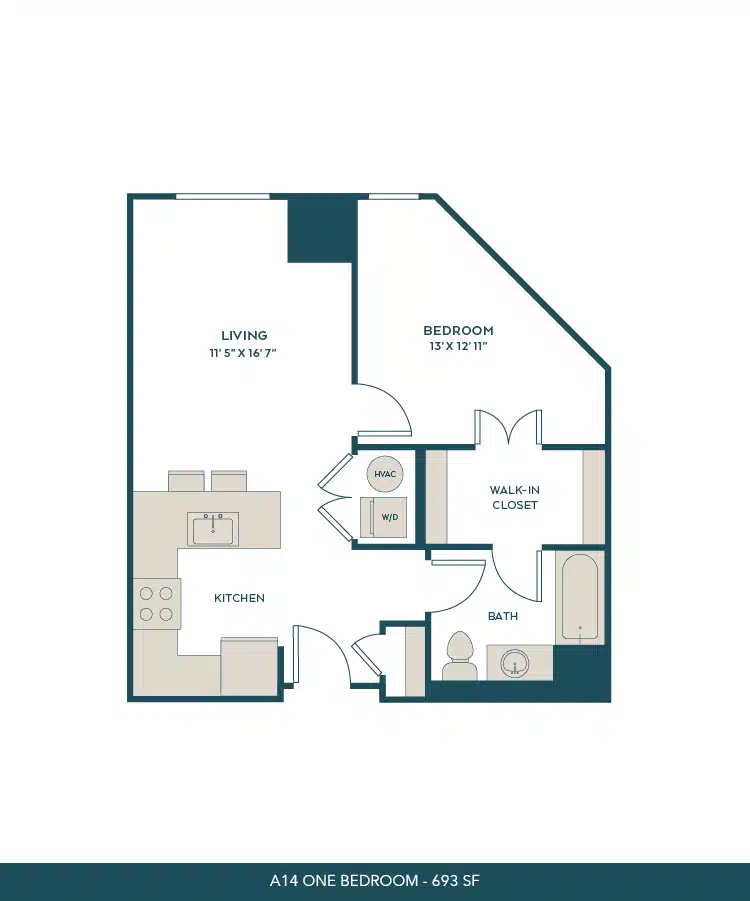 A 3D image of the A14 floorplan, a 693 squarefoot, 1 bed / 1 bath unit