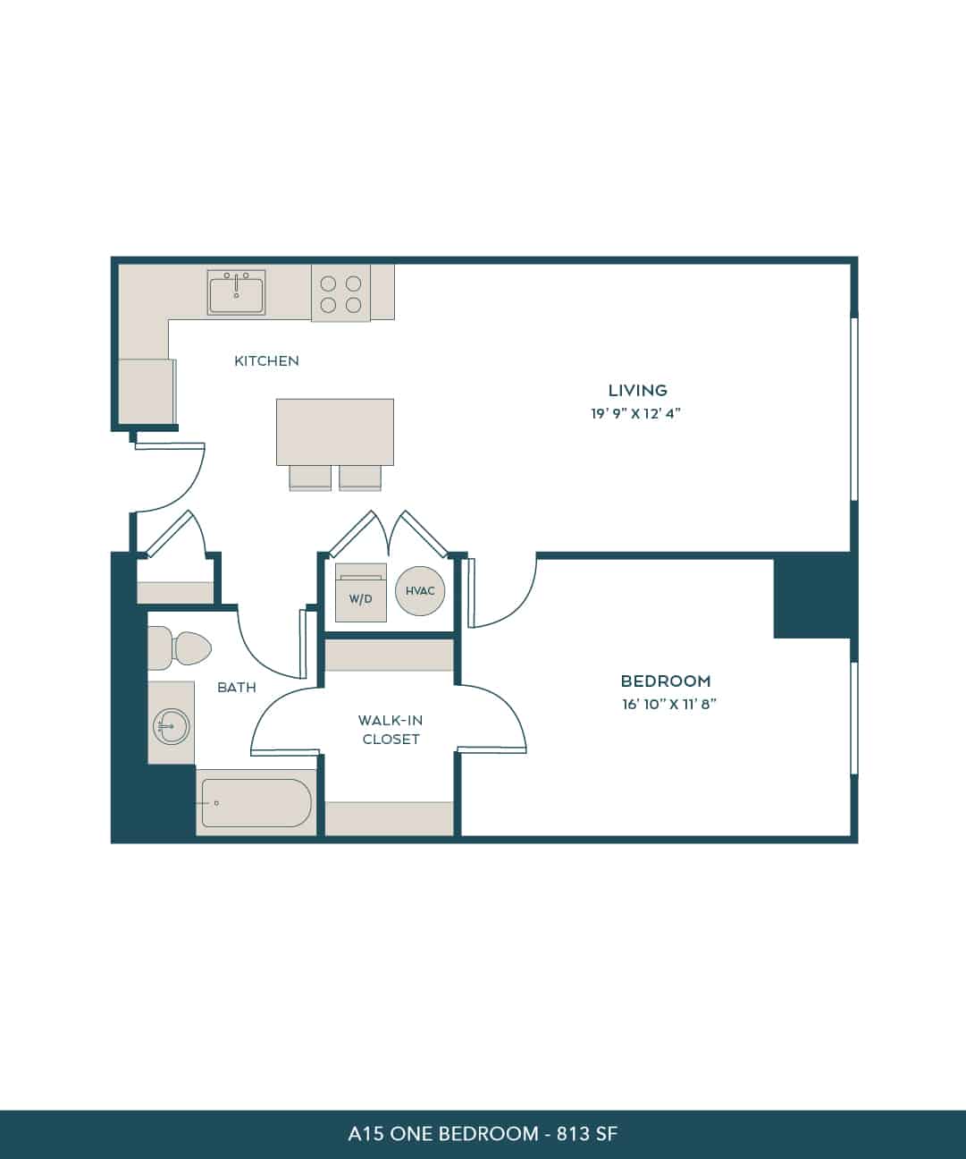 A 3D image of the A15 floorplan, a 813 squarefoot, 1 bed / 1 bath unit