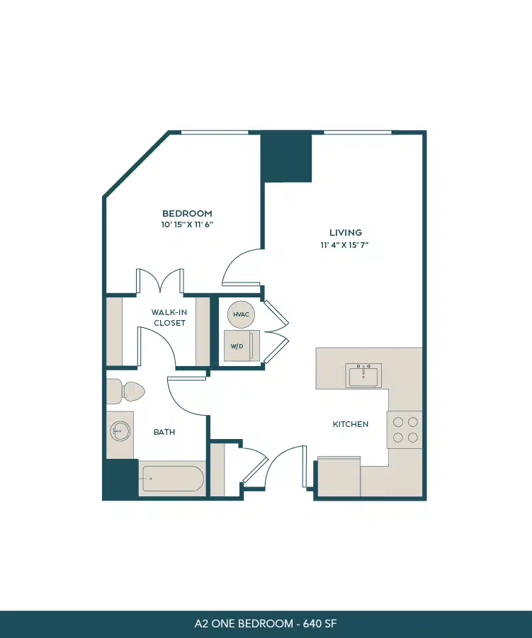 A 3D image of the A2 floorplan, a 640 squarefoot, 1 bed / 1 bath unit