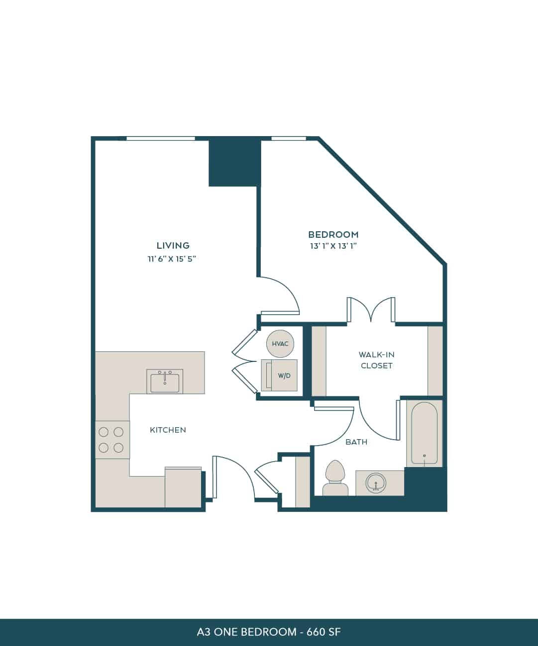 A 3D image of the A3 floorplan, a 660 squarefoot, 1 bed / 1 bath unit