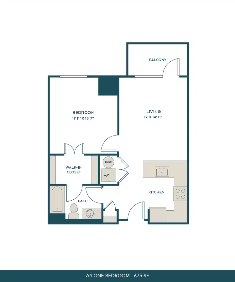 A 3D image of the A4 floorplan, a 675 squarefoot, 1 bed / 1 bath unit