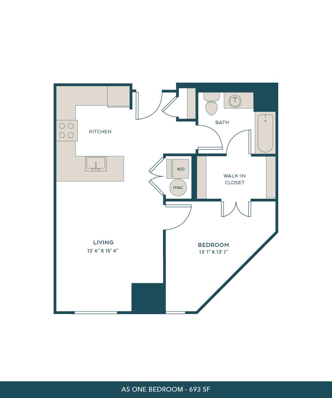 A 3D image of the A5 floorplan, a 693 squarefoot, 1 bed / 1 bath unit