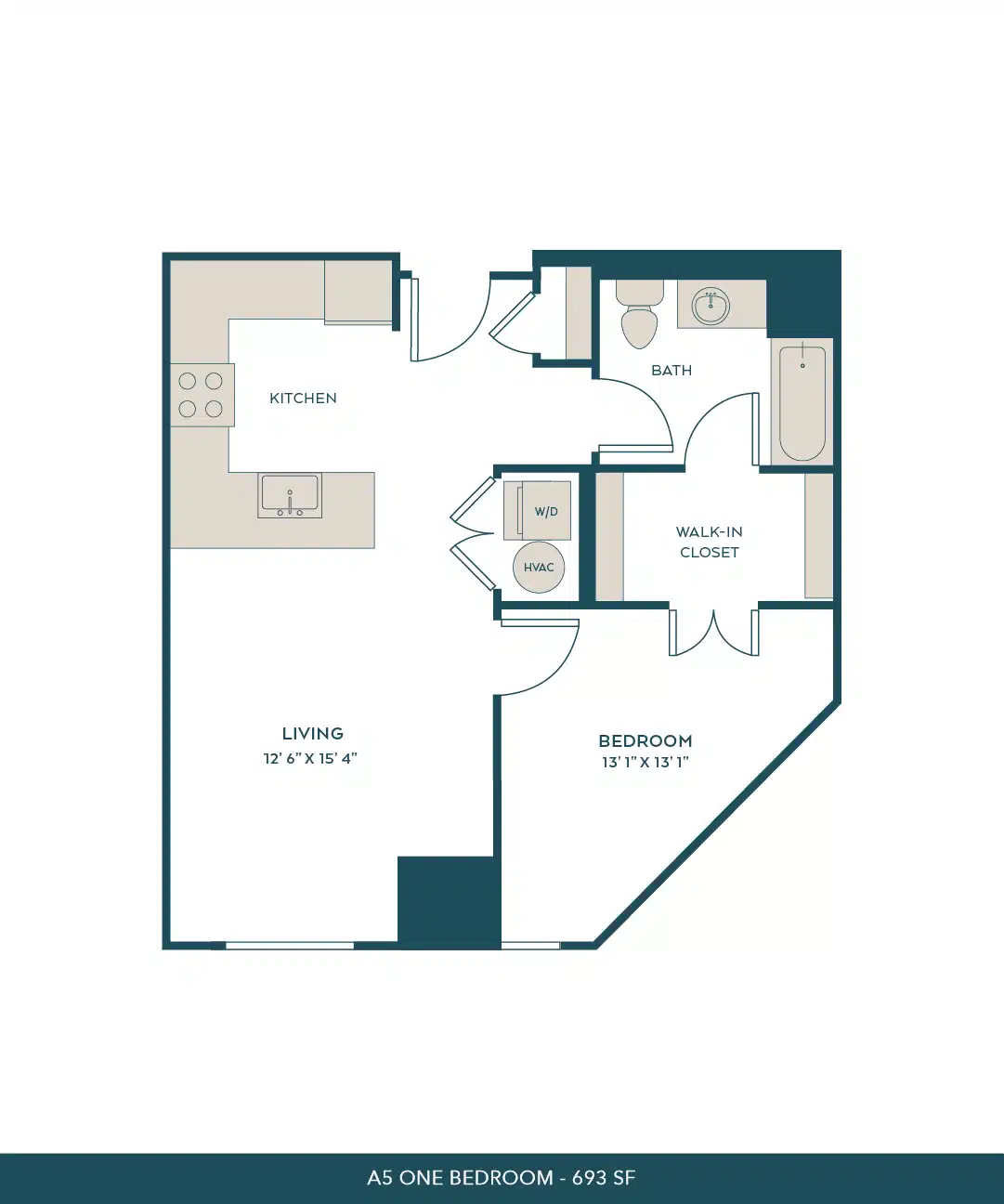 A 3D image of the A5 floorplan, a 693 squarefoot, 1 bed / 1 bath unit