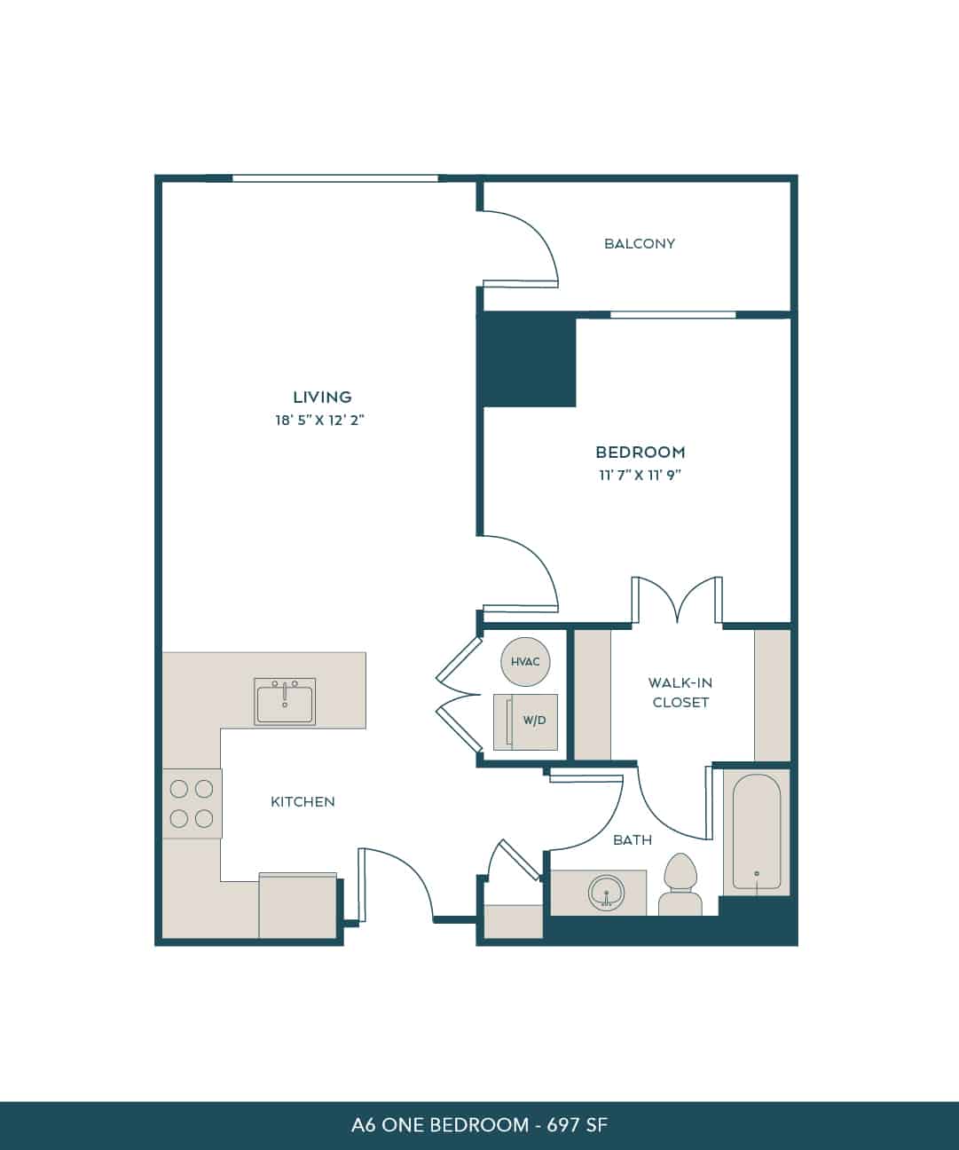 A 3D image of the A6 floorplan, a 697 squarefoot, 1 bed / 1 bath unit