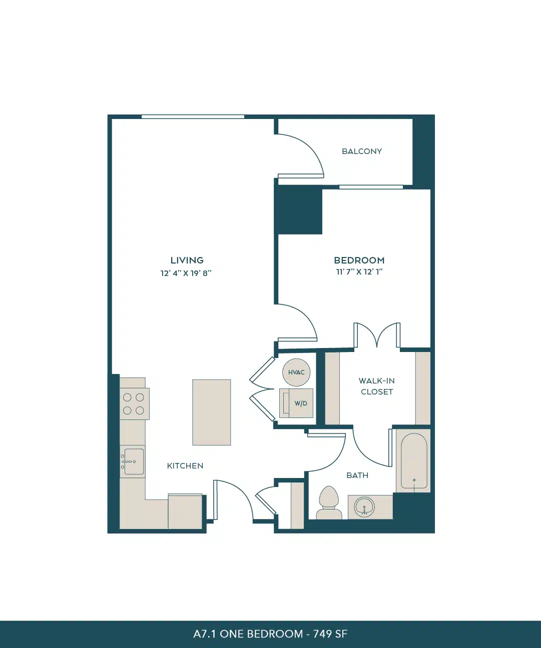 A 3D image of the A7a floorplan, a 749 squarefoot, 1 bed / 1 bath unit