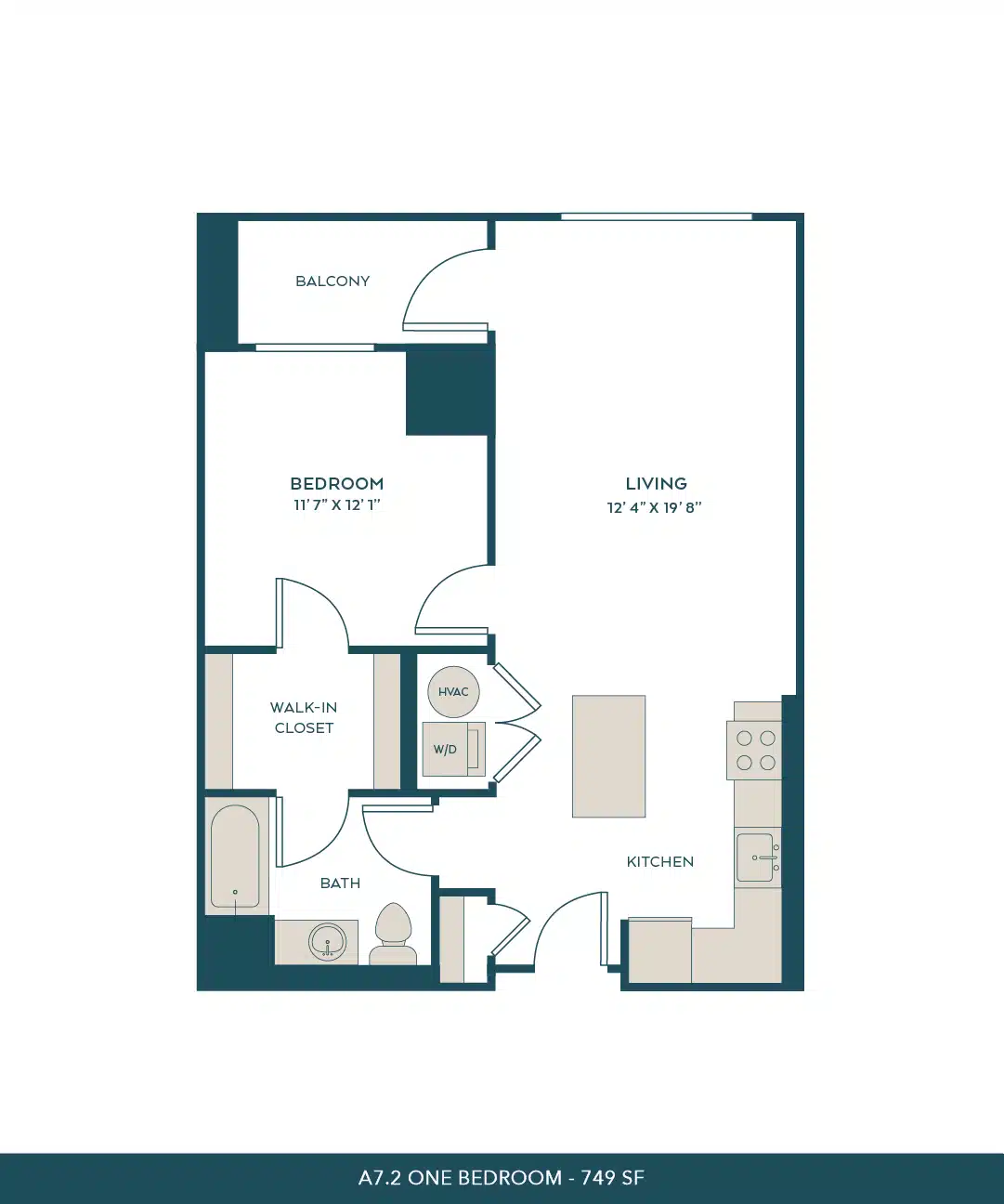 A 3D image of the A7b floorplan, a 749 squarefoot, 1 bed / 1 bath unit