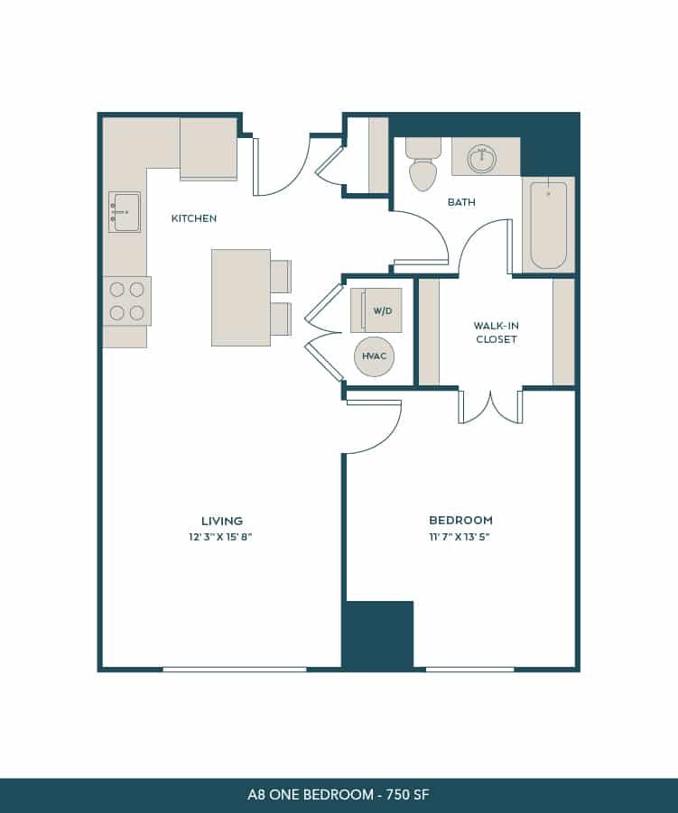 A 3D image of the A8 floorplan, a 750 squarefoot, 1 bed / 1 bath unit