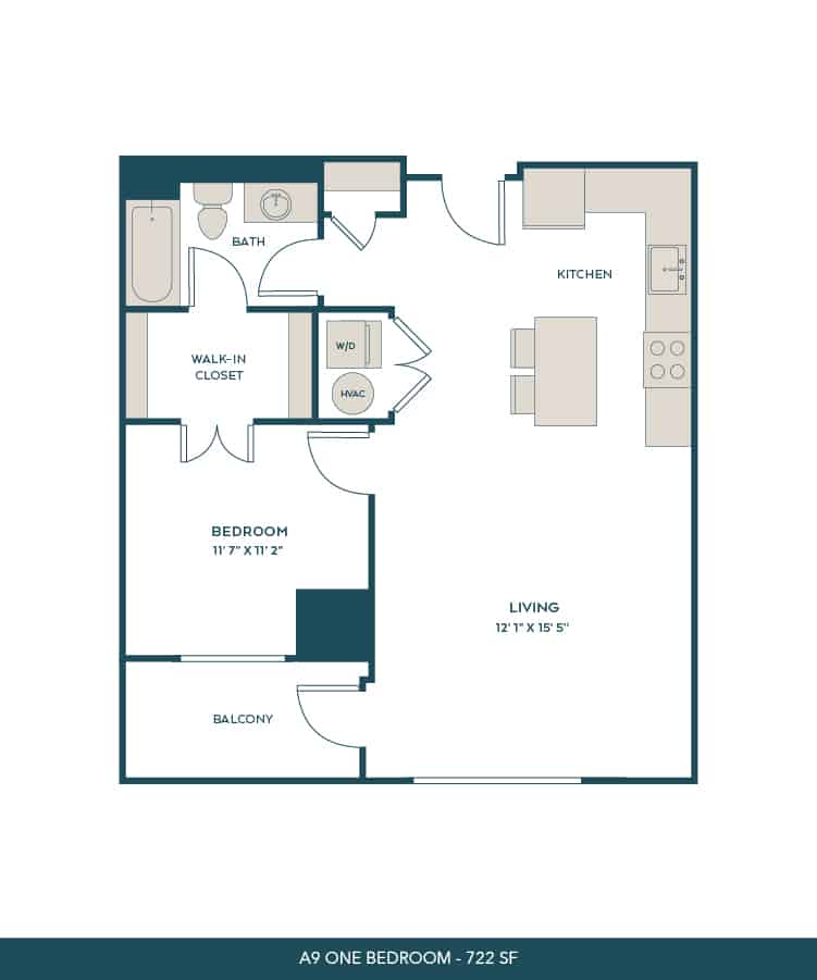 A 3D image of the A9 floorplan, a 772 squarefoot, 1 bed / 1 bath unit