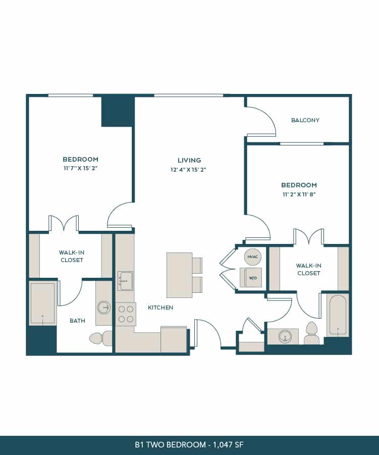 A 3D image of the B1 floorplan, a 1047 squarefoot, 2 bed / 2 bath unit