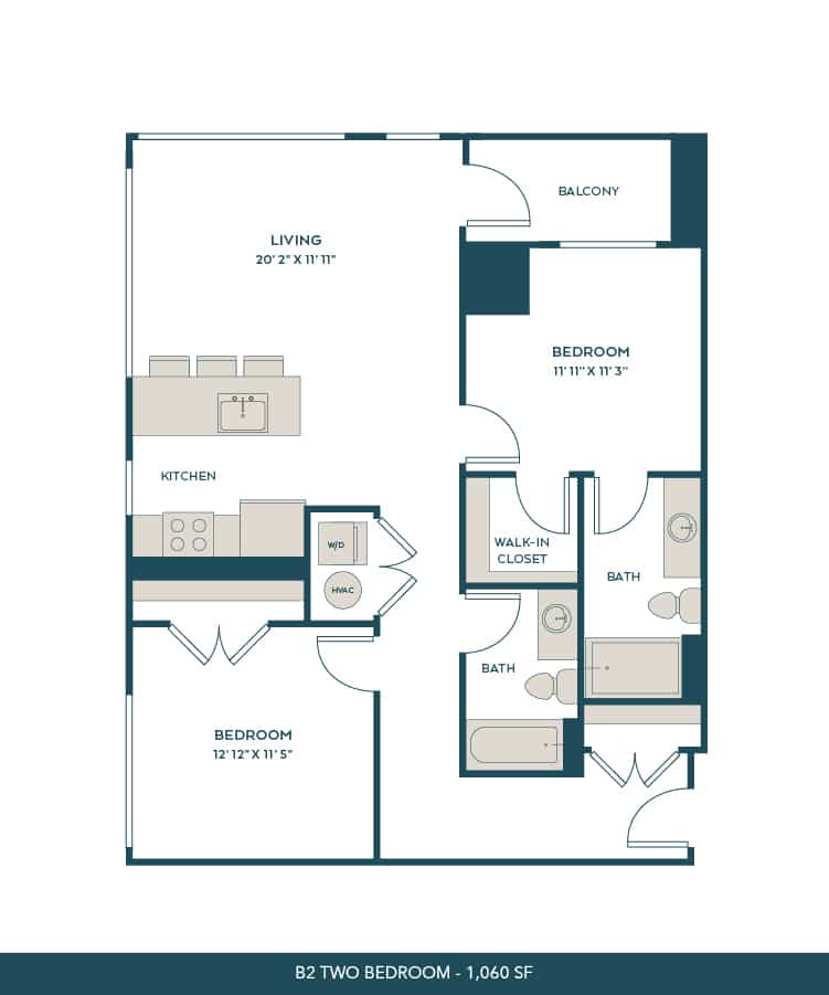 A 3D image of the B2 floorplan, a 1060 squarefoot, 2 bed / 2 bath unit