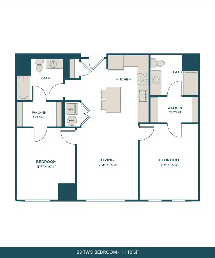 A 3D image of the B3 floorplan, a 1110 squarefoot, 2 bed / 2 bath unit