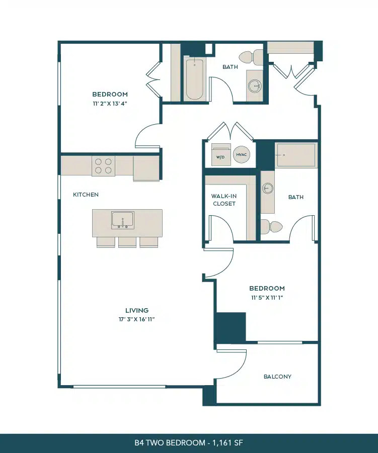 A 3D image of the B4 floorplan, a 1161 squarefoot, 2 bed / 2 bath unit