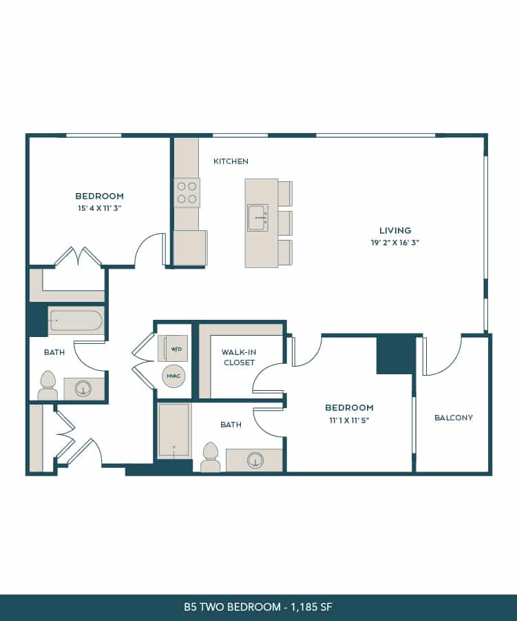 A 3D image of the B5 floorplan, a 1185 squarefoot, 2 bed / 2 bath unit