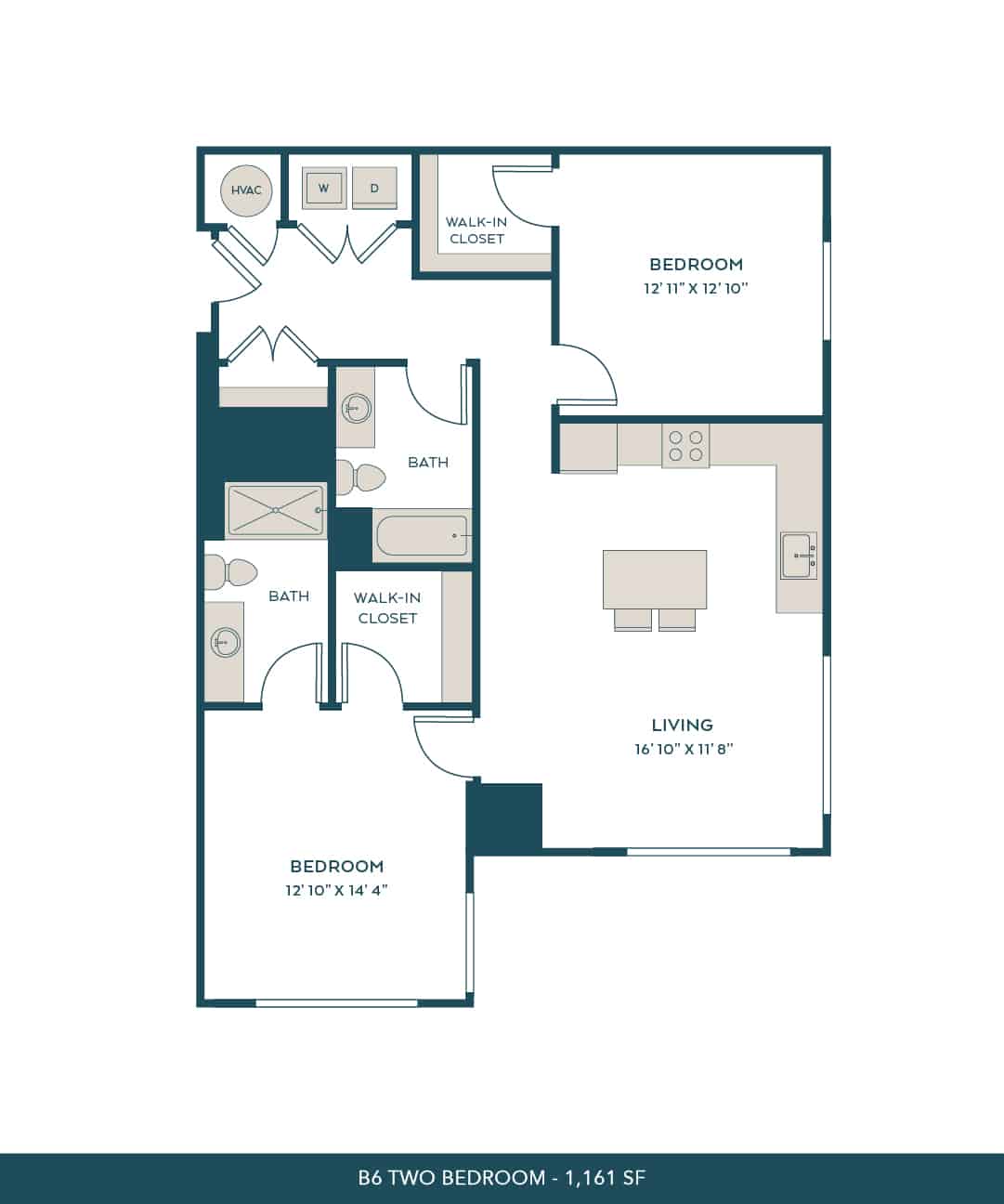 A 3D image of the B6 floorplan, a 1223 squarefoot, 2 bed / 2 bath unit