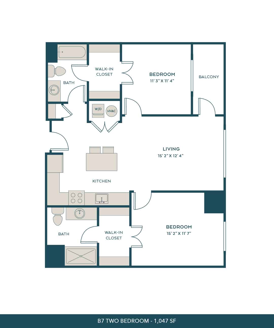 A 3D image of the B7 floorplan, a 1047 squarefoot, 2 bed / 2 bath unit