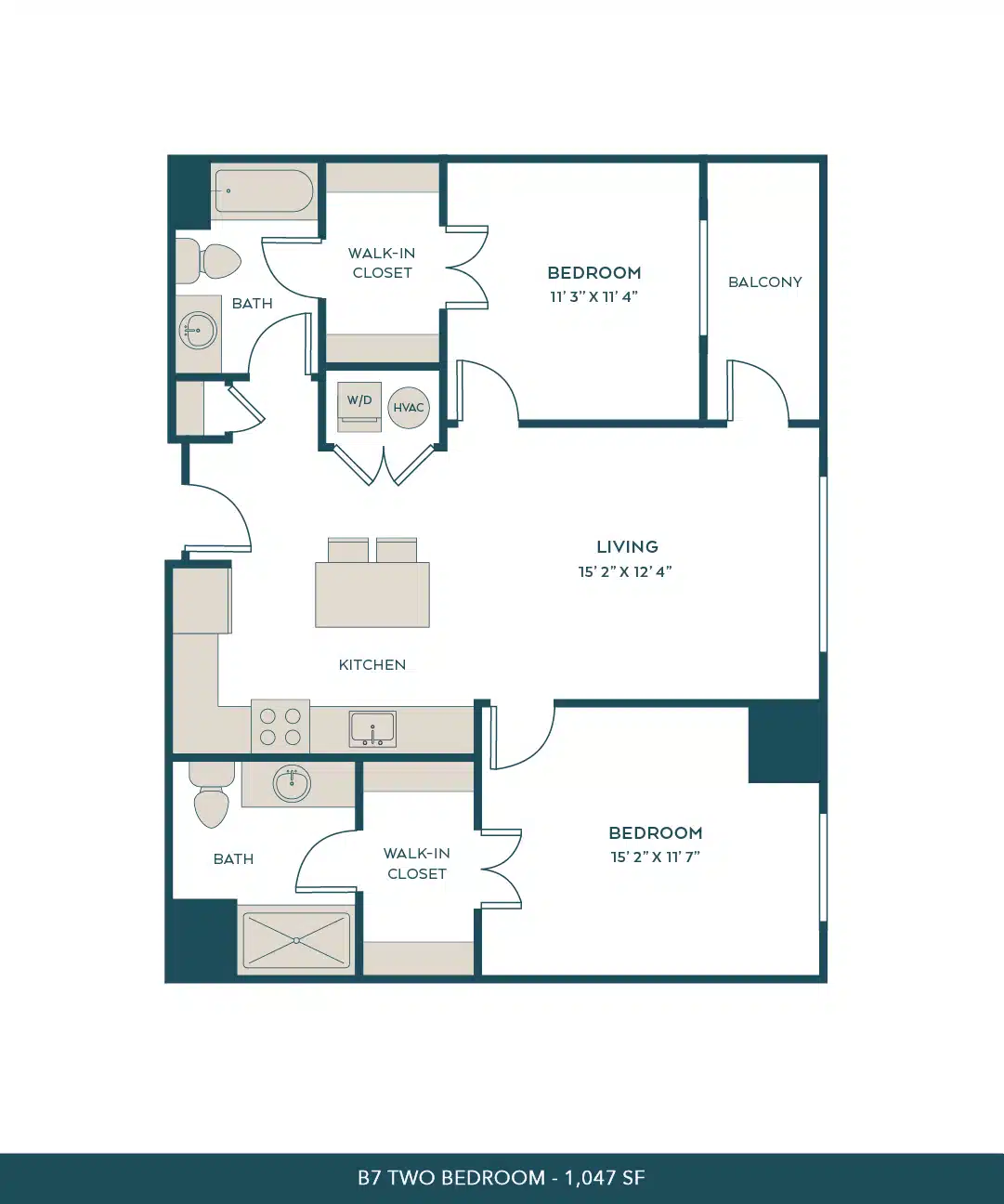 A 3D image of the B7 floorplan, a 1047 squarefoot, 2 bed / 2 bath unit