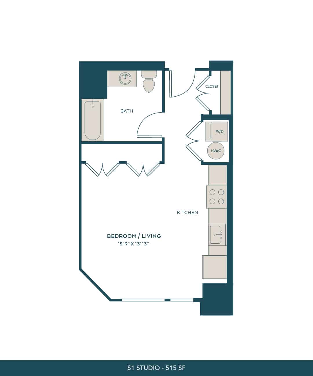 A 3D image of the S1 floorplan, a 515 squarefoot, 0 bed / 1 bath unit