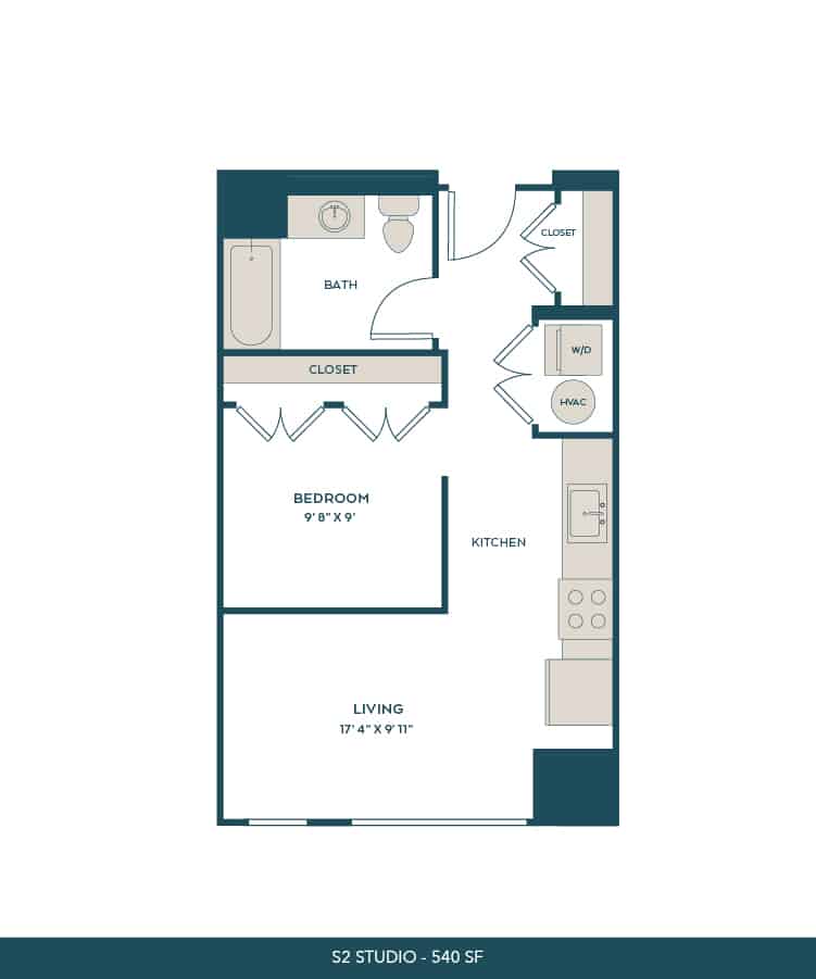 A 3D image of the S2 floorplan, a 540 squarefoot, 0 bed / 1 bath unit