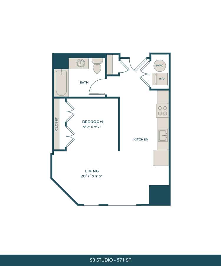 A 3D image of the S3 floorplan, a 571 squarefoot, 0 bed / 1 bath unit