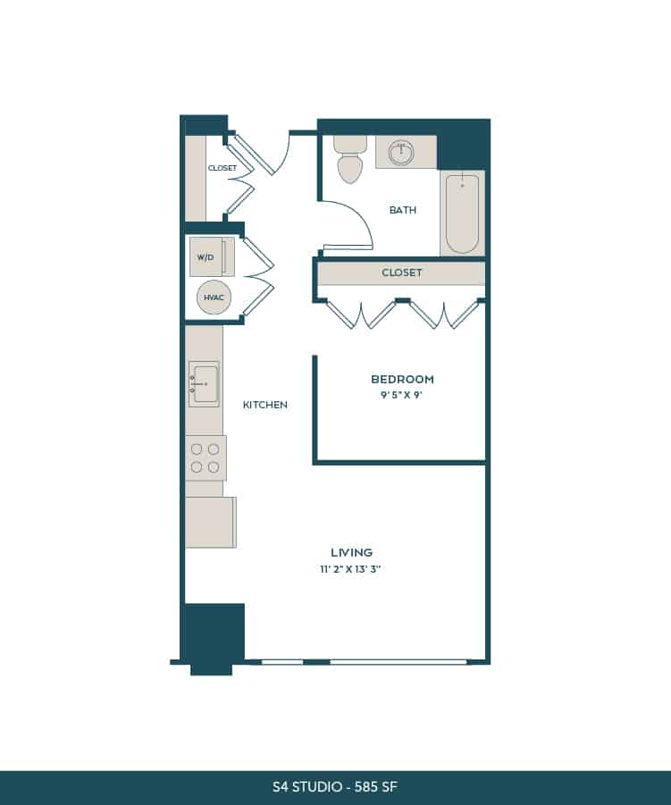 A 3D image of the S4 floorplan, a 585 squarefoot, 0 bed / 1 bath unit