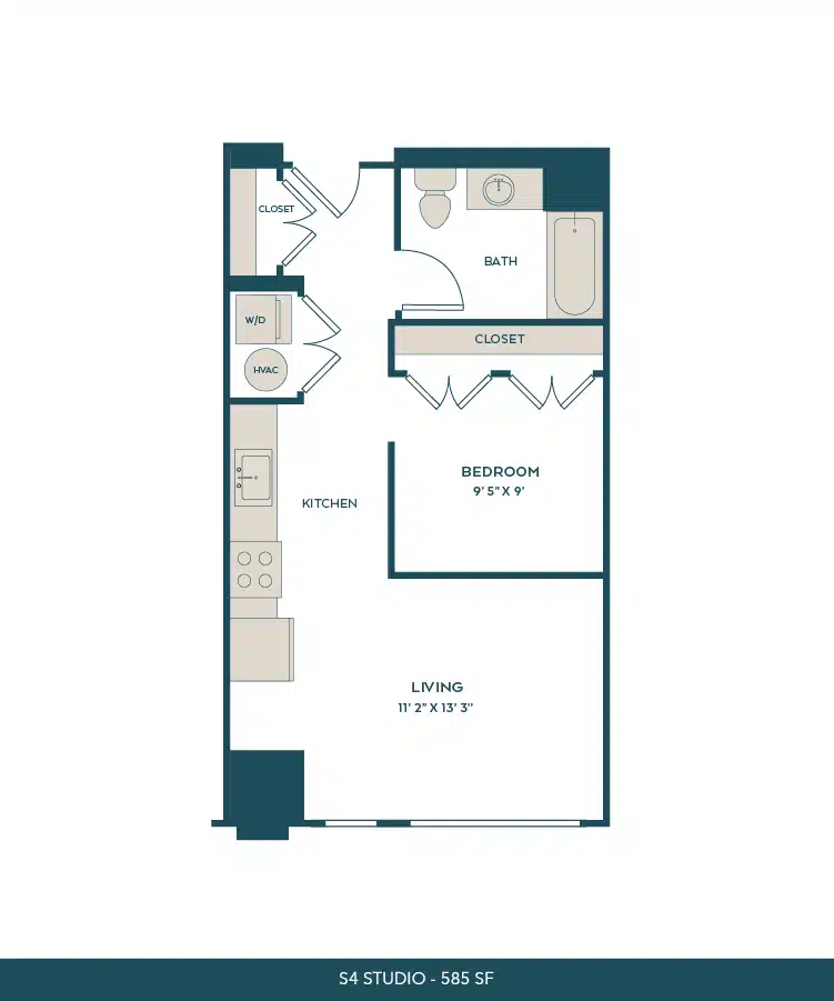 A 3D image of the S4 floorplan, a 585 squarefoot, 0 bed / 1 bath unit